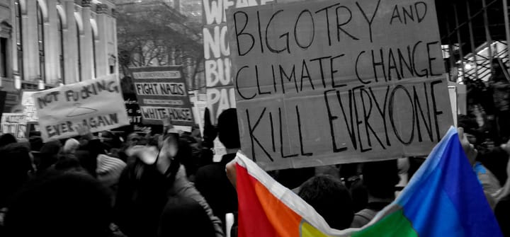 protest signs: NOT FUCKING EVER AGAIN / FIGHT NAZIS / BIGOTRY AND CLIMATE CHANGE KILL EVERYONE