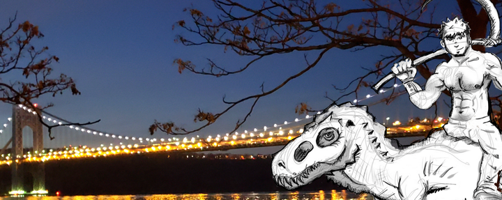 Illustration of a handsome buff shirtless guy holding a scythe riding an allosaurus, superimposed over a photo of the George Washington Bridge lit up at night.