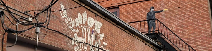 Two pieces of street art, side by side, from Laramie Wyoming: a stegosaurus skeleton and a man shooting a gun. 