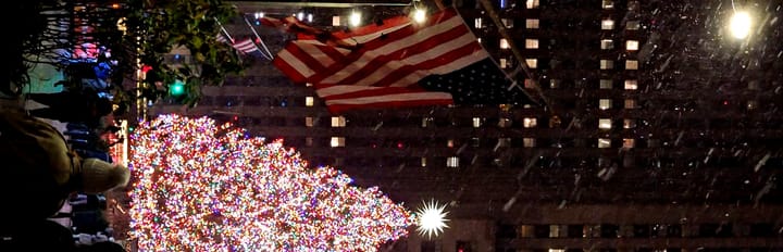 The Christmas tree at Rockefeller Center in the snow, with an American flag, image rotated onto its side.