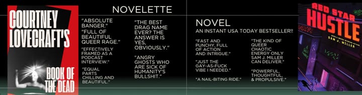 Promotional image for my novelette "Courtney Lovecraft's Book of the Dead" and my novel RED STAR HUSTLE. 